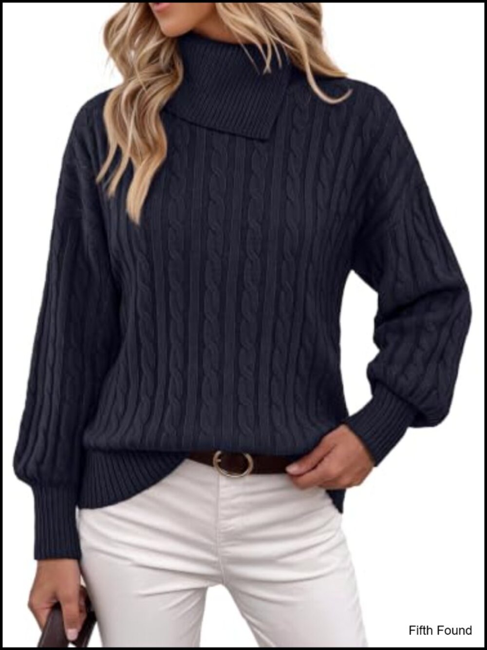 Womens Turtleneck Cable Knit Sweater Long Lantern Sleeve Loose Pullover
